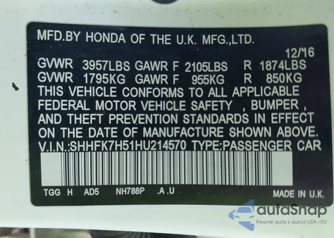 2017 Honda Civic Ex from USA, damaged, VIN SHHFK7H51HU214570